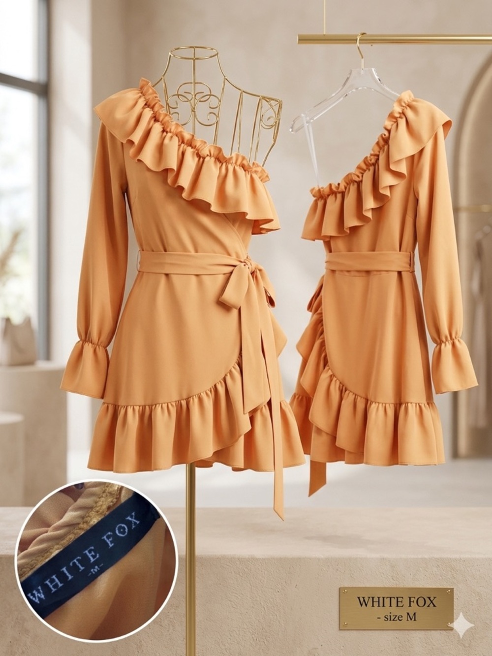 White Fox Boutique One-Shoulder Ruffle Wrap Mini Dress in Mustard Yellow